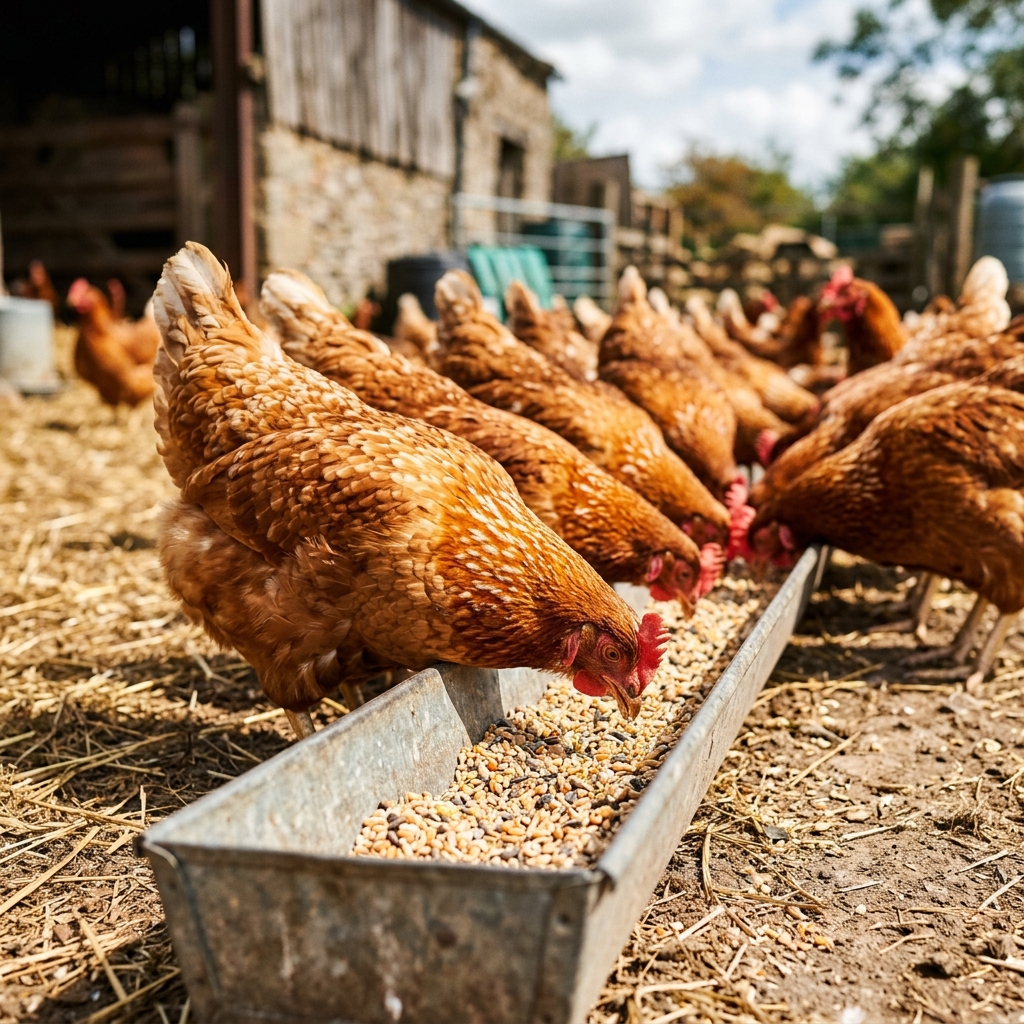 Hens eating natural herbal diet feed from a trough